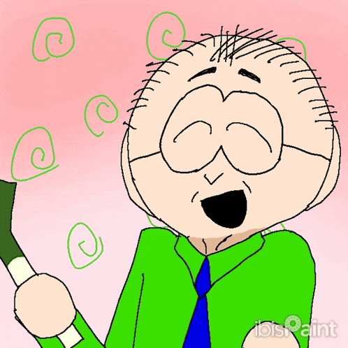 a drawing of a man in a green suit holding a stick