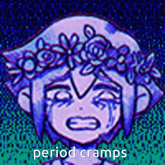 a cartoon of a girl with a flower crown on her head and the words period cramps on the bottom