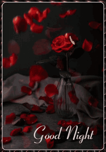 a good night card with a vase of roses and petals
