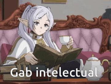 a girl is reading a book while holding a cup of tea and the caption says gab intellectual