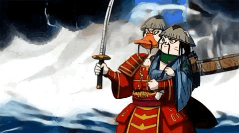 a cartoon drawing of a samurai holding a sword and a duck on his head