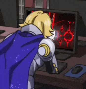a cartoon character is looking at a computer screen with red letters i and t on it