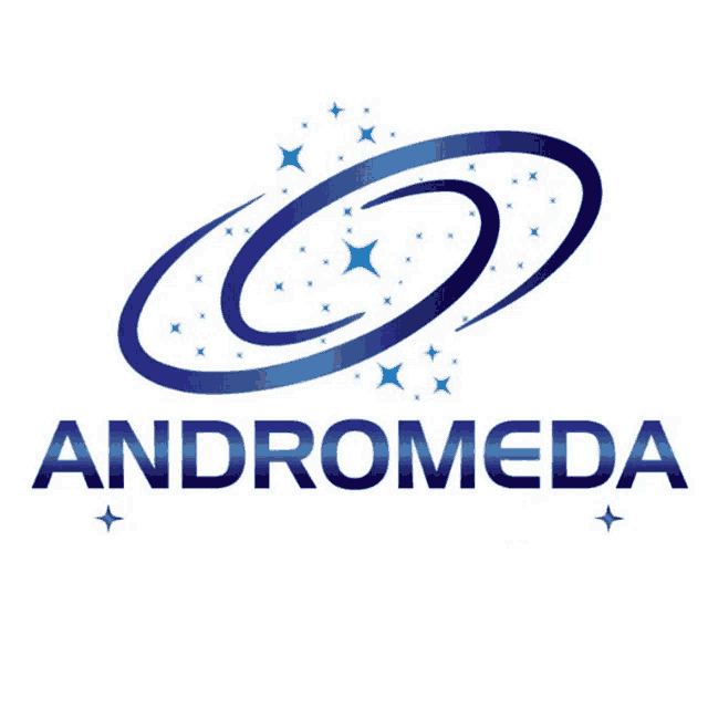 a logo for the company andromeda with a blue galaxy and stars