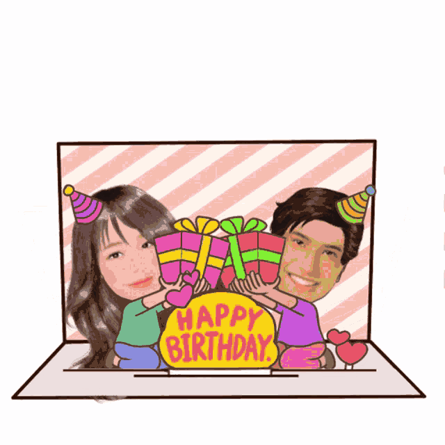 a cartoon of a man and a woman holding gifts with a happy birthday sign behind them