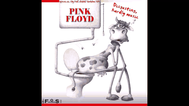 a poster for pink floyd features a cartoon cow on a toilet