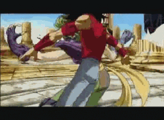 a cartoon of a man in a red shirt fighting a purple monster .