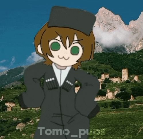 a cartoon character with tomo pups on the bottom