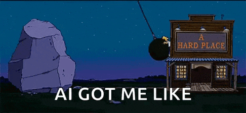a cartoon of homer simpson hanging from a crane in front of a hard place .