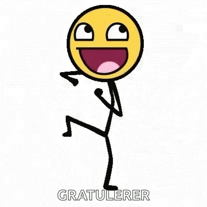 a stick figure with a smiley face on it is dancing with the words gratulerer .