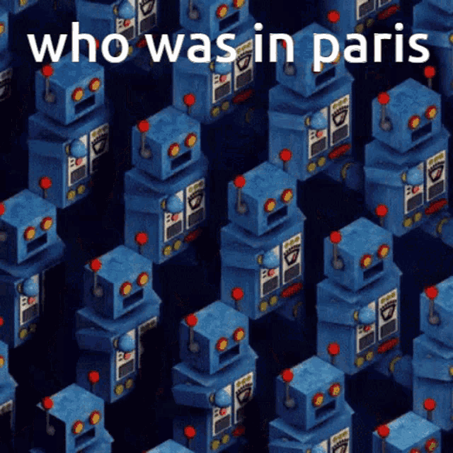a seamless pattern of blue robots with the words who was in paris on the bottom