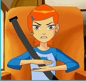 a cartoon girl is sitting in a car seat with a seat belt .