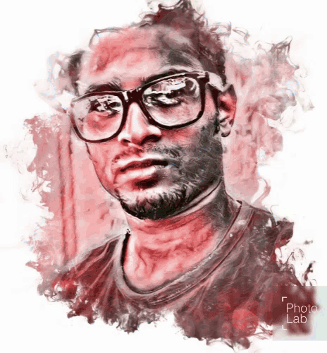 a painting of a man wearing glasses and a photo lab label