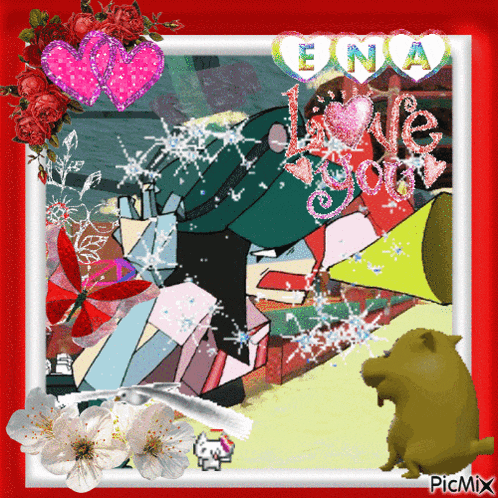 a picture with hearts and flowers and the words love you