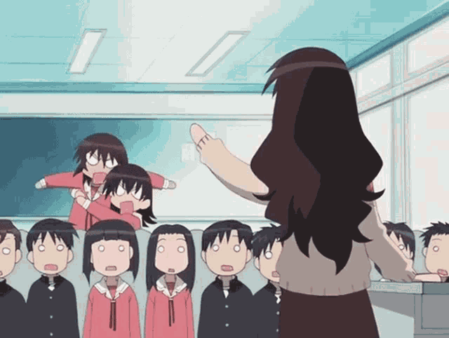 a cartoon of a girl giving a thumbs up to a group of children