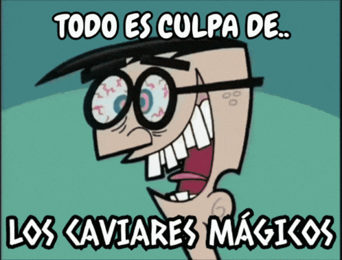 a cartoon character with glasses and the words todo es culpa de los caviares magicos below him