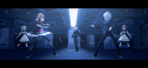 a group of anime characters are dancing in a room