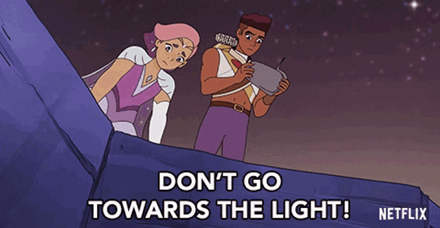 a couple of cartoon characters standing next to each other with the words " do n't go towards the light " written below them