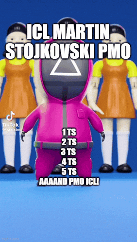 a pink squid game character with the words ici martin stojkovski pmo