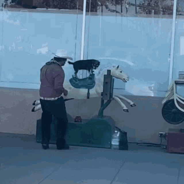 a man in a cowboy hat is standing next to a rocking horse with a dog on it