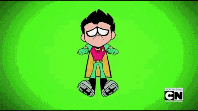 a cartoon of robin from teen titans go with the cn logo in the corner