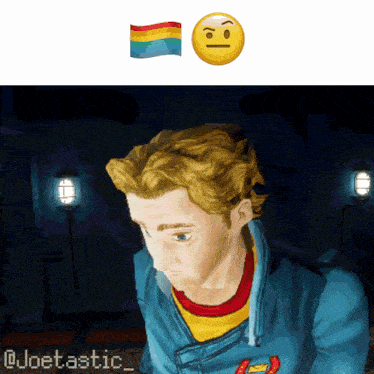 a man in a blue jacket with a rainbow flag and a smiley face