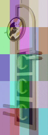 a colorful drawing of a clock with the letters c on it