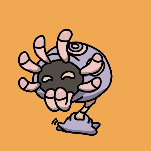 a cartoon drawing of a purple object with a black center and a yellow eye