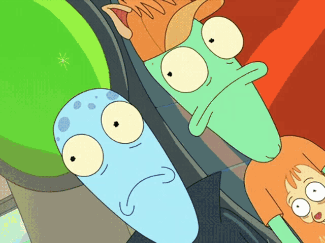 a group of cartoon characters looking at the camera
