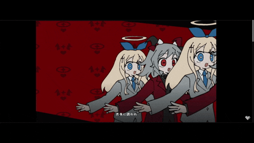 a cartoon of a girl with a blue bow on her head standing next to another girl