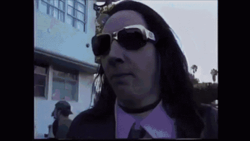 a man with long hair wearing sunglasses and a purple shirt and tie