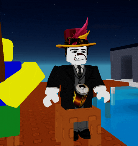 a cartoon character is holding a can of soda and wearing a top hat
