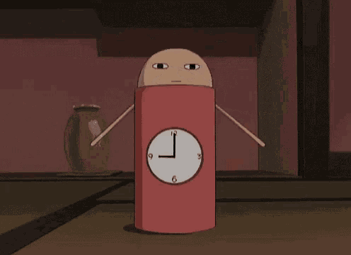 a cartoon character is standing next to a clock with the hands on the numbers 1 and 2