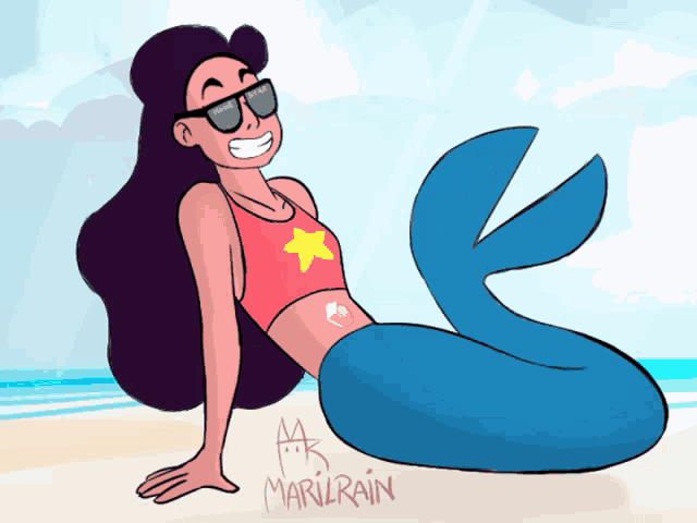 a drawing of a mermaid with the name mari rain on the bottom left