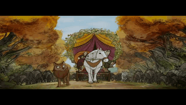 a cartoon drawing of a horse pulling a wagon with a purple canopy
