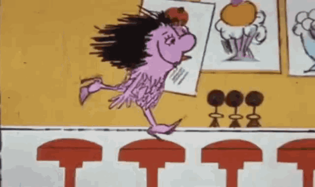 a cartoon of a chicken holding an ice cream cone on its head