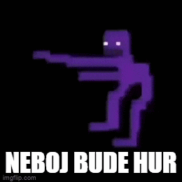 a pixel art of a purple man holding a gun with the words `` neboj bude hur '' written below him .