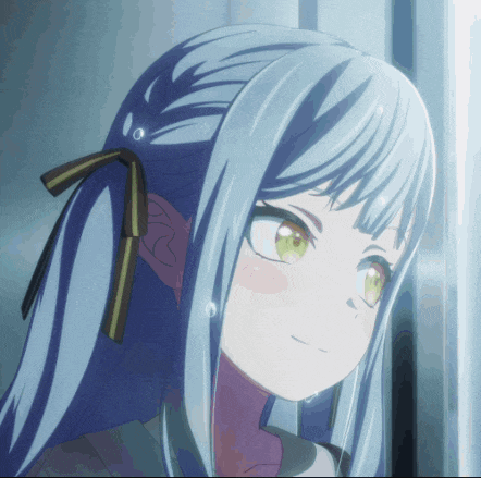 a close up of a girl with blue hair and yellow eyes