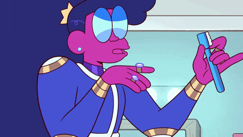 a cartoon character holding a toothbrush and a ring