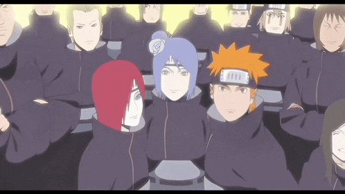 a group of anime characters are gathered together and one of them has a headband that says ' naruto ' on it