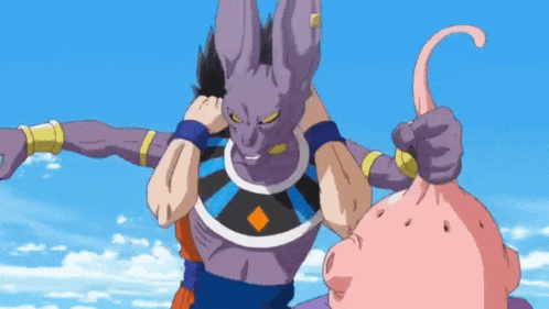a cartoon character with purple ears is standing next to another character with a pink tail