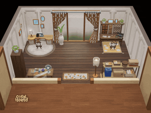 an aerial view of a room with coral island written on the bottom