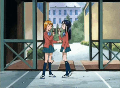 two anime girls are standing next to each other