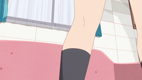 a cartoon drawing of a woman 's legs standing in a pink bathtub