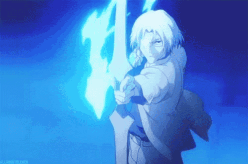 a man with white hair is holding a sword and a blue light is behind him