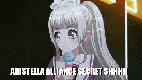 a girl holding a microphone with the words aristolla alliance secret shhhh
