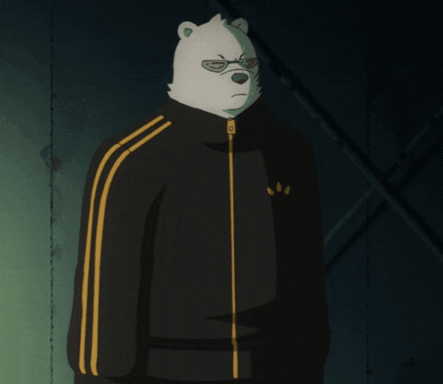a cartoon character wearing a black jacket with yellow stripes