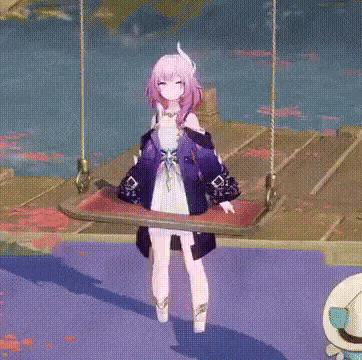 a pink haired anime girl is standing on a swing .