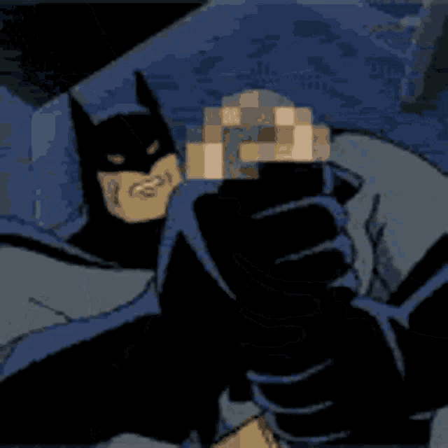 a pixel art of batman from the batman animated series holding a box in his hand .