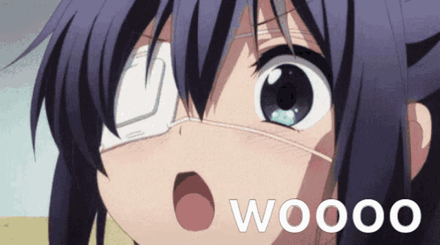 a girl with a bandage on her eye and the word woooo on the bottom right