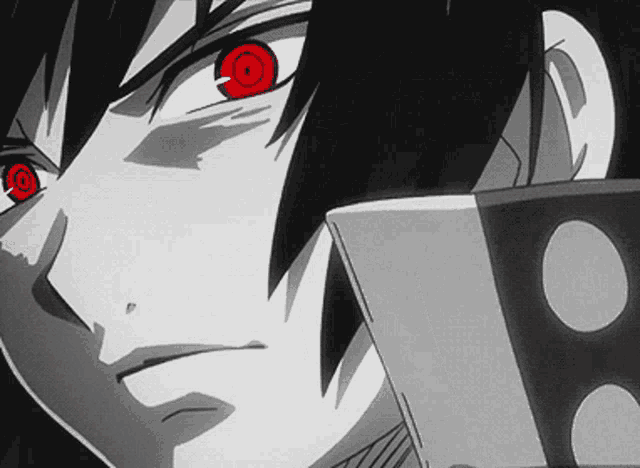 a black and white drawing of a person with red eyes .